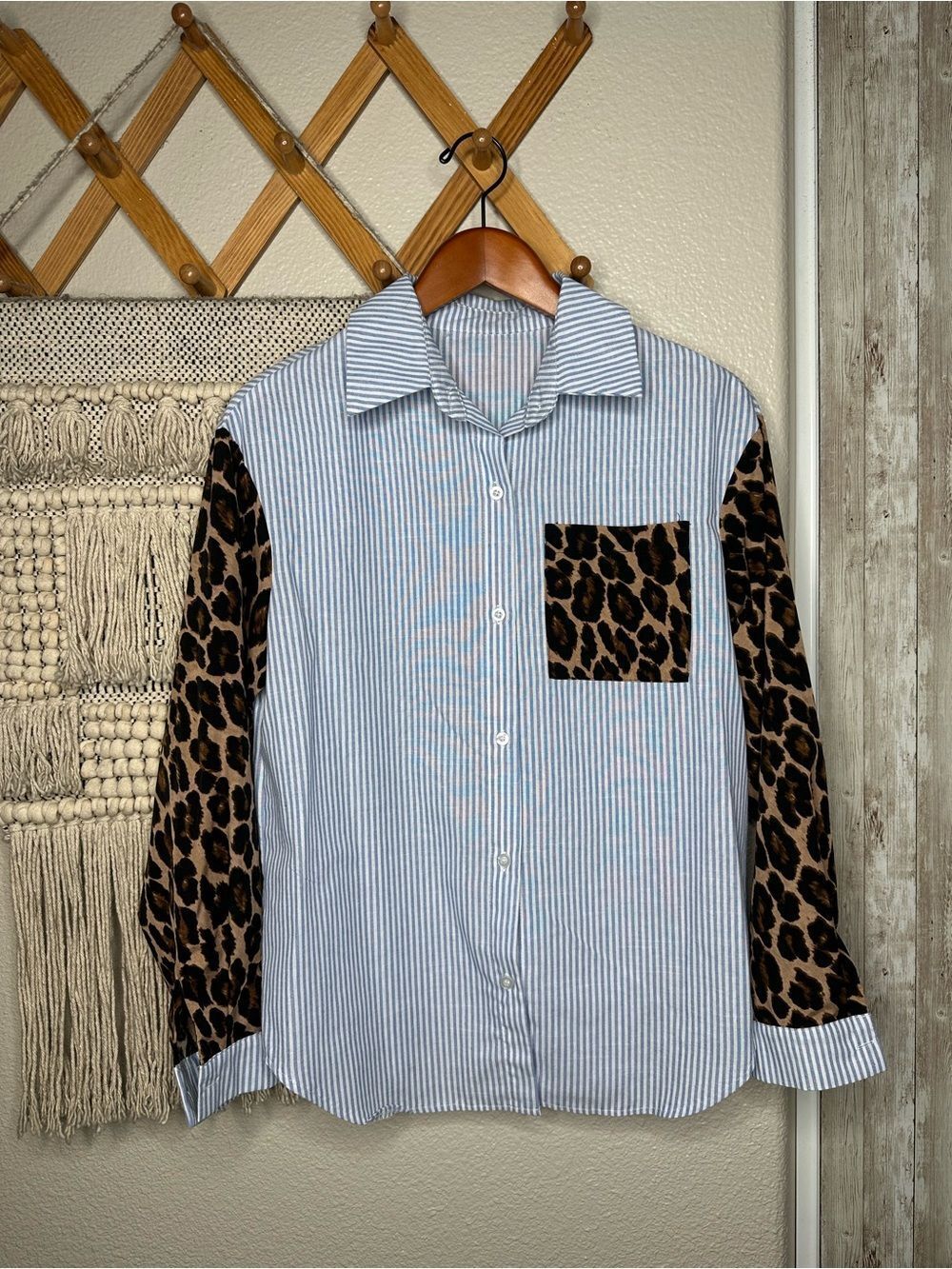 SHEIN Blue & White Stripe Button-Down with Leopard Print Sleeves